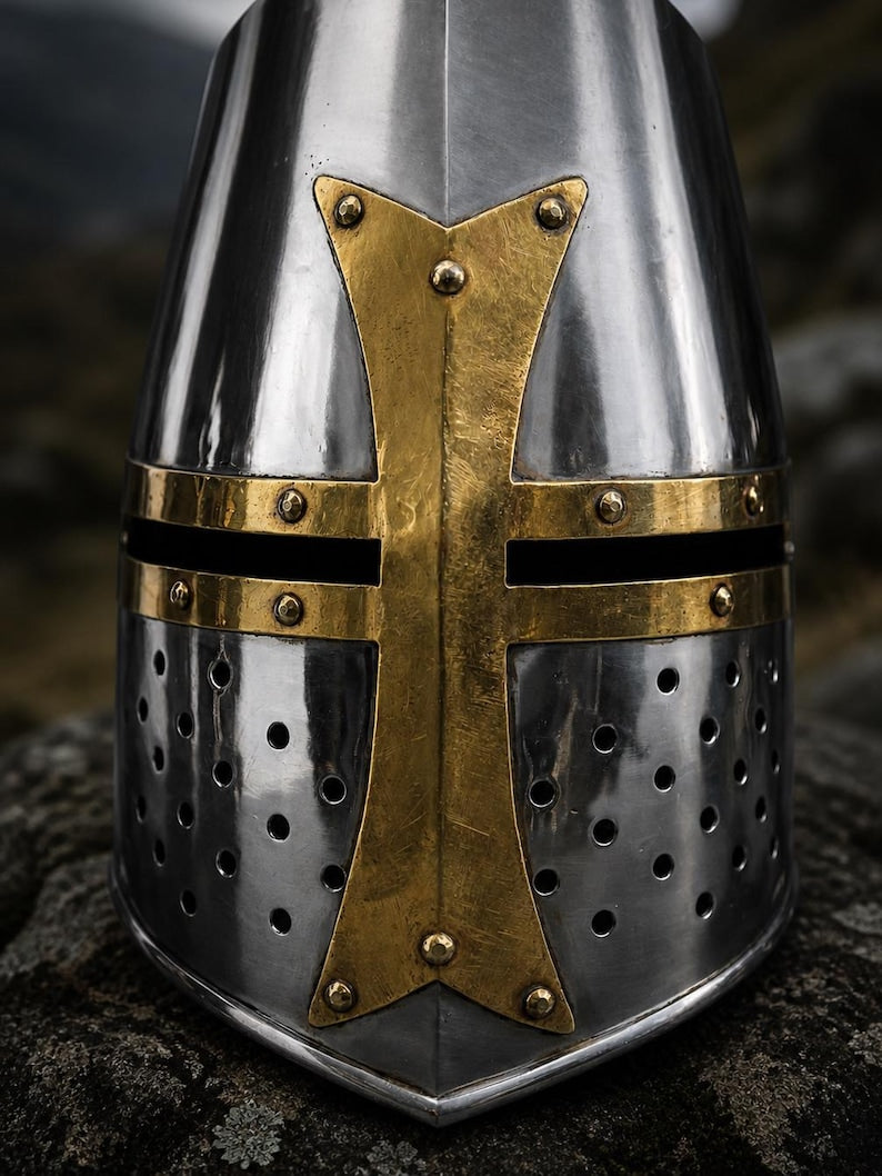 Halloween Medieval Knight Armor featuring a green surcoat, gold cross crusader design, and decorative Viking runes shield for adults.