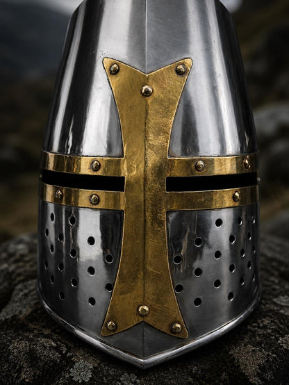 Halloween Medieval Knight Armor featuring a green surcoat, gold cross crusader design, and decorative Viking runes shield for adults.