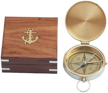 Front view of Hampton Nautical solid brass compass with rosewood box