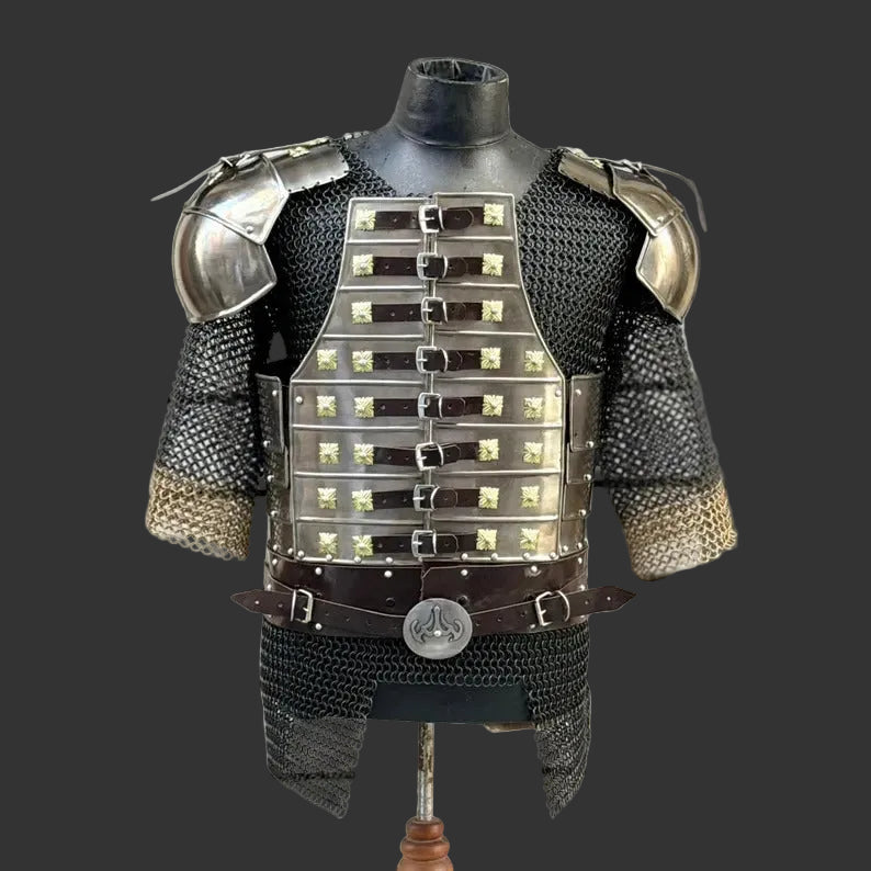 Hand-forged lamellar armor with riveted chainmail hauberk for authentic historical reenactment