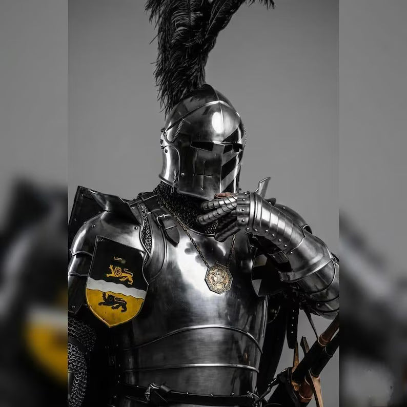 Hand-forged medieval knight armor set showcasing traditional craftsmanship and durability
