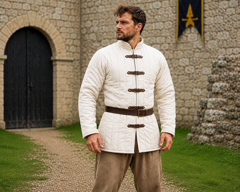 Handcrafted Black Gambeson with quilted padding and leather buckles