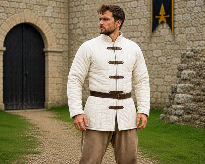 Handcrafted Black Gambeson with quilted padding and leather buckles