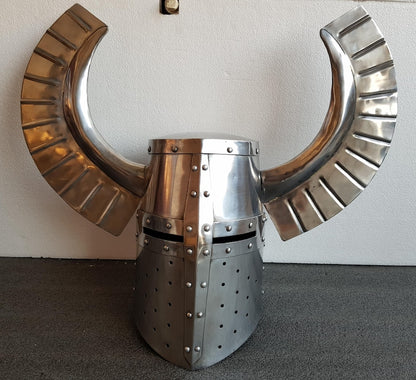 Handcrafted Brass Knight Helmet with Horns front view – Medieval LARP armor