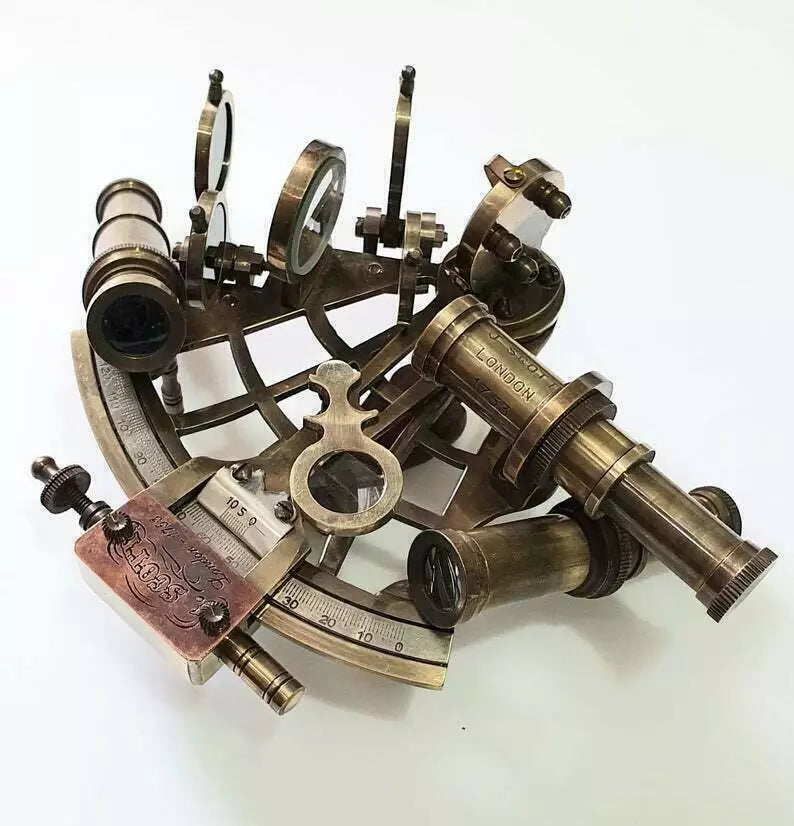 Handcrafted brass sextant presented as a nautical gift in a polished wood case

