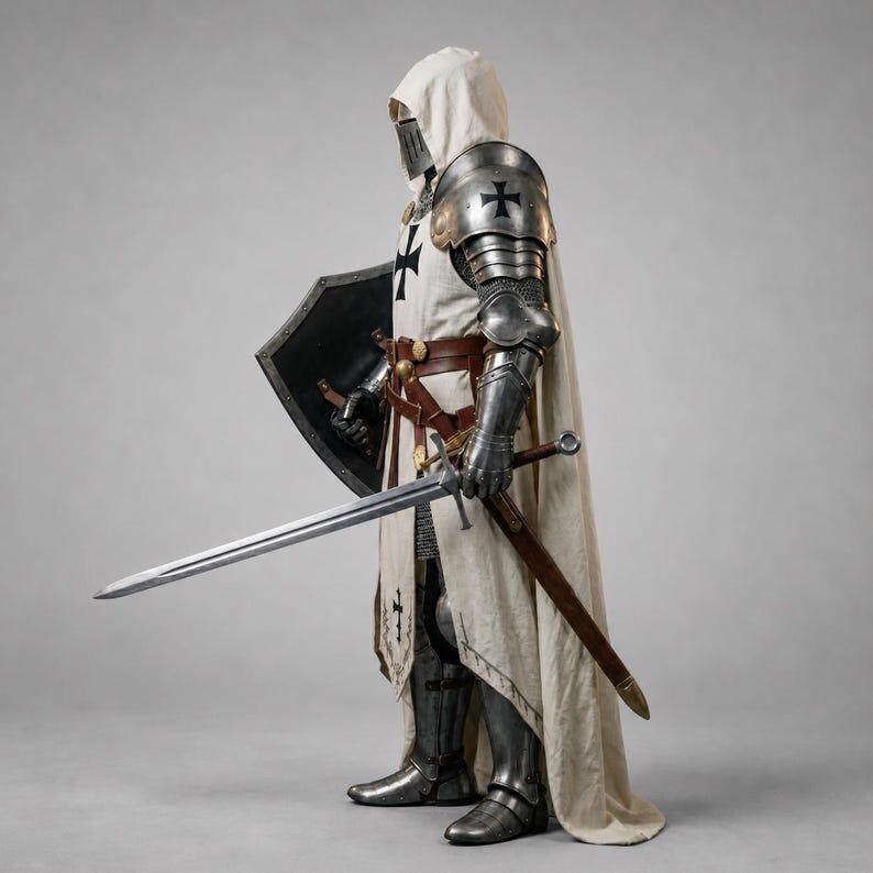 Handmade Crusader steel armor with traditional Knight Templar surcoat and cross emblem