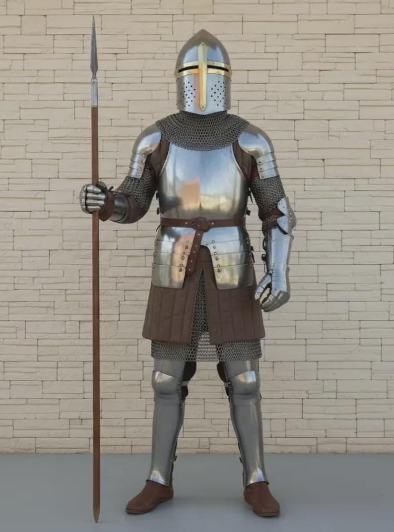 Handcrafted Crusader knight costume side profile featuring wearable medieval steel armor
