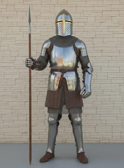 Handcrafted Crusader knight costume side profile featuring wearable medieval steel armor