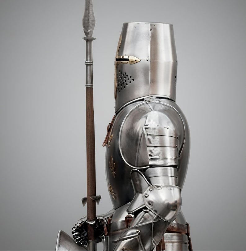 Handcrafted crusader steel armor detail featuring premium polished finish and genuine leather straps