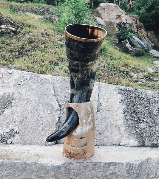 Handcrafted Drinking Horn with Stand made from natural ox horn