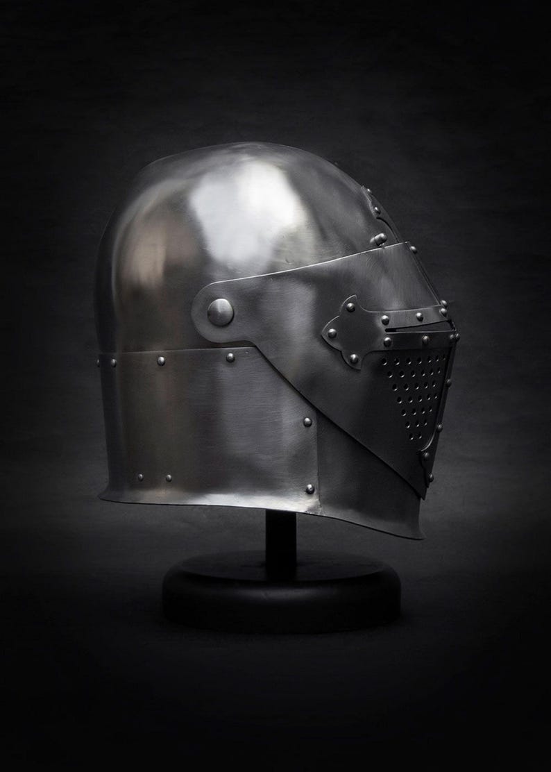 Buy handcrafted Gothic knight helmet – authentic medieval steel armor with hinged visor and leather strap for display or costume