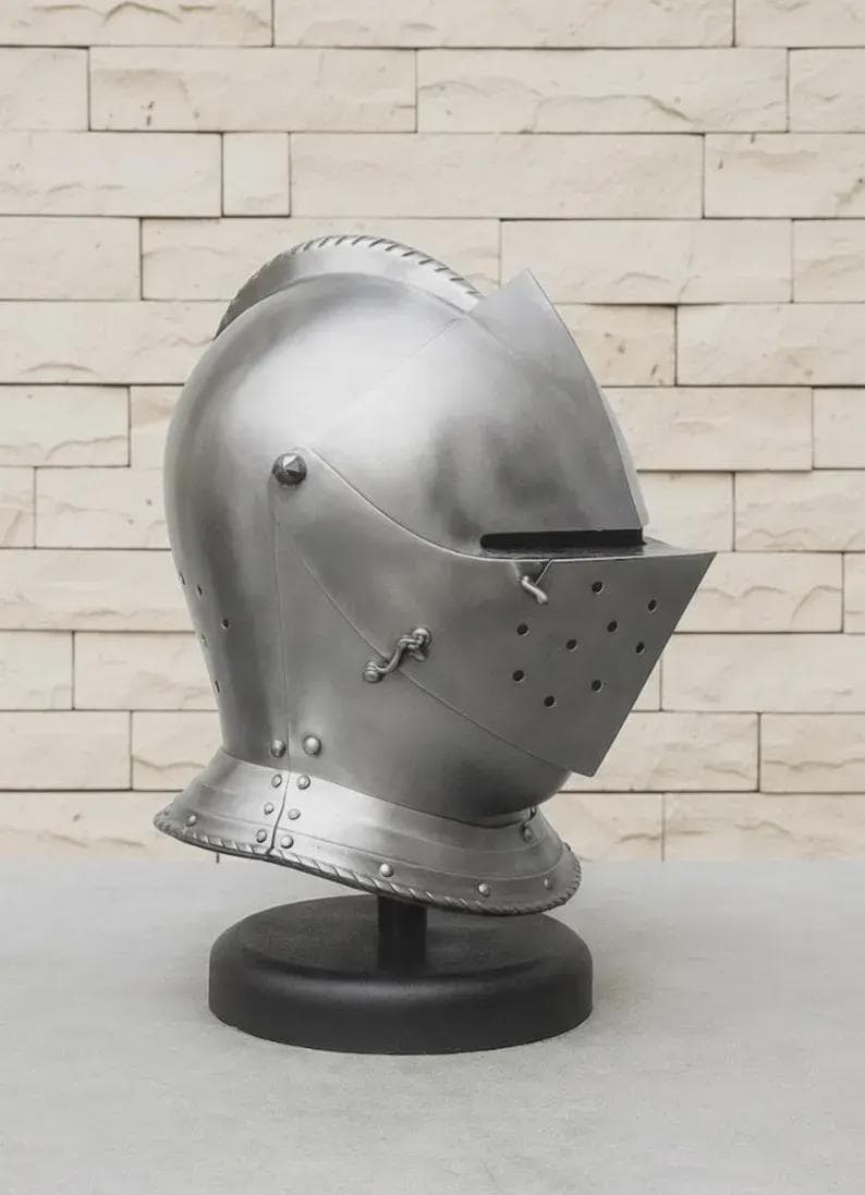 Handcrafted details of Gothic Knight Helmet – riveted steel close helmet armor, collectible and wearable