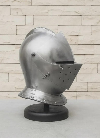 Handcrafted details of Gothic Knight Helmet – riveted steel close helmet armor, collectible and wearable