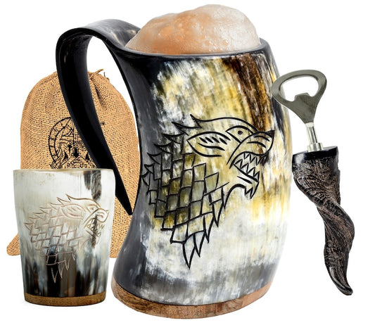 Handcrafted Horn Mug Set by Norse Empire featuring Viking tankard design