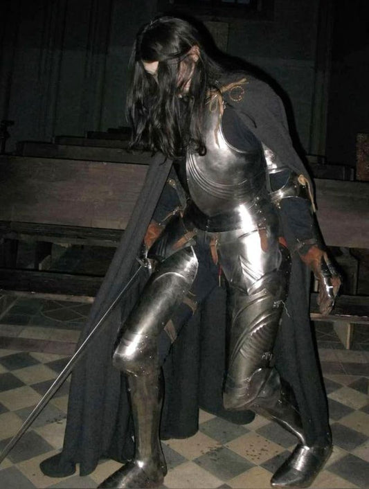 Handcrafted Medieval Armor for Women front view with breastplate and cloak
