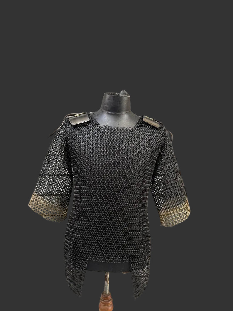Handcrafted medieval knight steel armor set with riveted chainmail for collectors and cosplay
