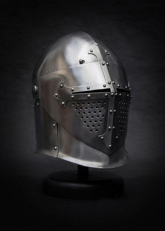 Buy handcrafted medieval steel helmet – authentic Gothic knight armor with visor and leather strap for reenactment, cosplay, and display