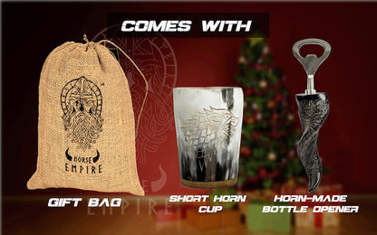 Handcrafted ox horn beer mug set with engraved Viking designs