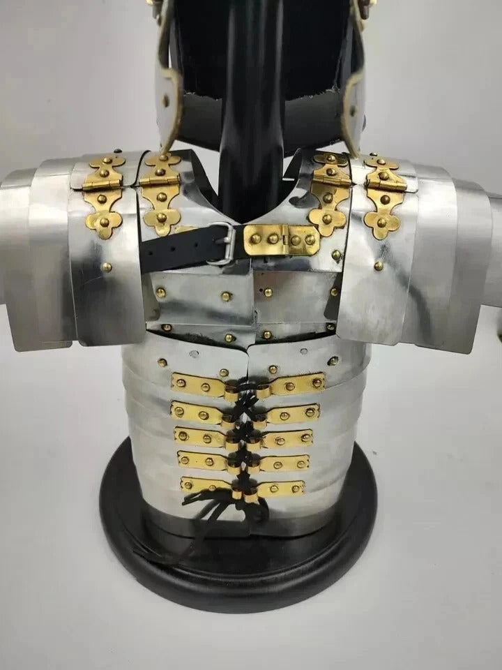 Handcrafted Roman Centurion armor with attached helmet featuring authentic Lorica Segmentata design and leather suspension interior