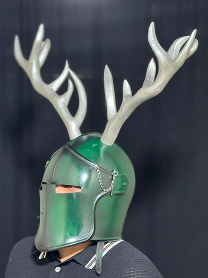 Handcrafted Steel Barbuta Helmet with Antlers showcasing premium mild steel construction and antique finish