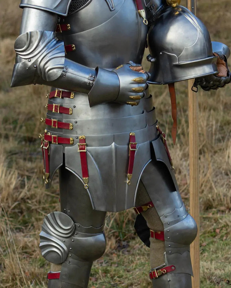 Handcrafted steel medieval knight armor featuring a polished full plate harness inspired by authentic 15th Century Knight Plate Armor design.