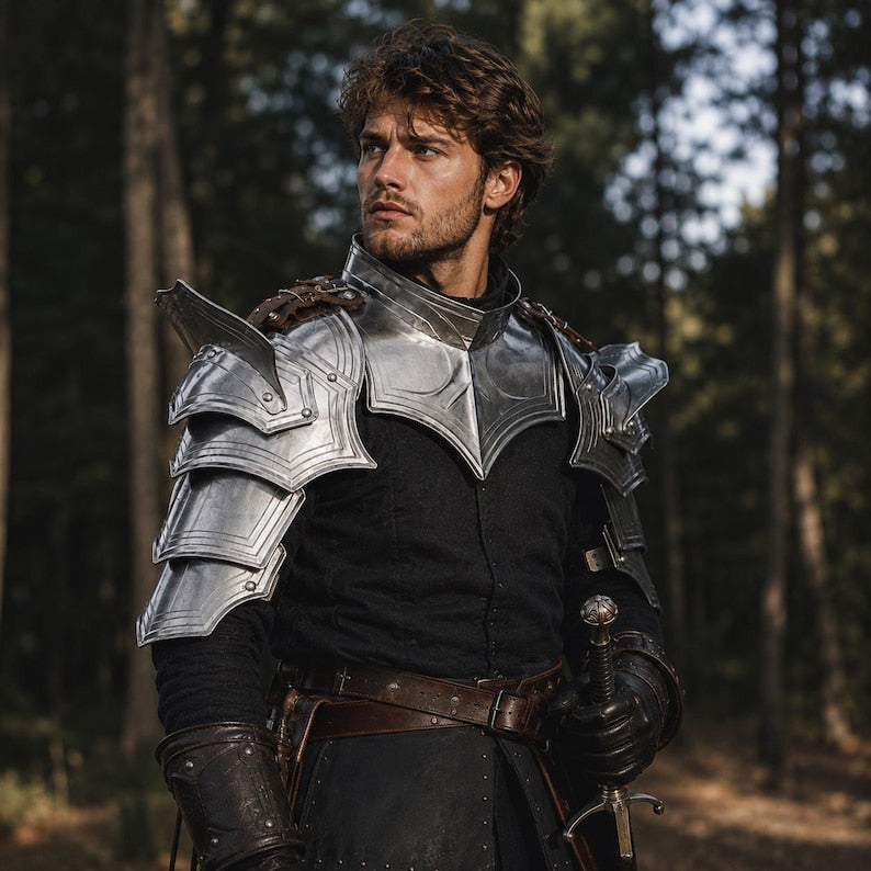 Handcrafted Steel Pauldrons with polished medieval armor craftsmanship