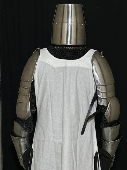 Handcrafted Knights Templar armor with lightweight aluminum chainmail hauberk and steel plate protection