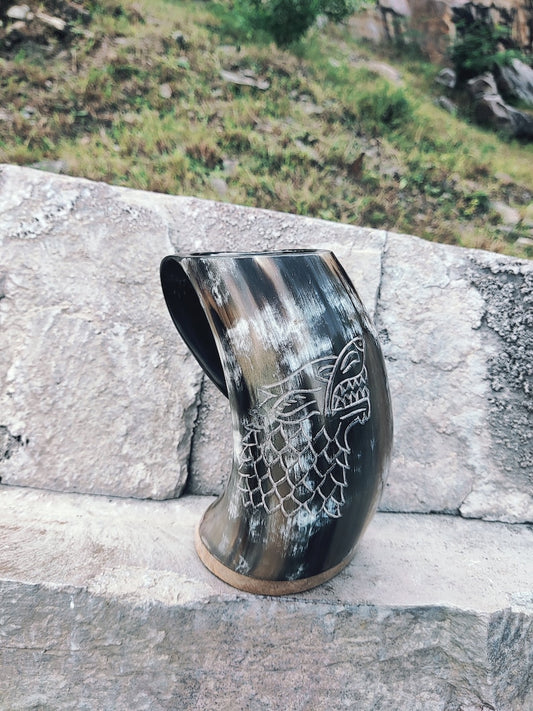 Handcrafted Horn Mugs with Viking designs and natural ox horn finish