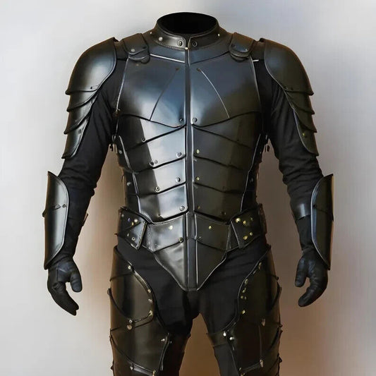 Front View of Handmade Black Leather Medieval Knight Armor – Artisans Hub

