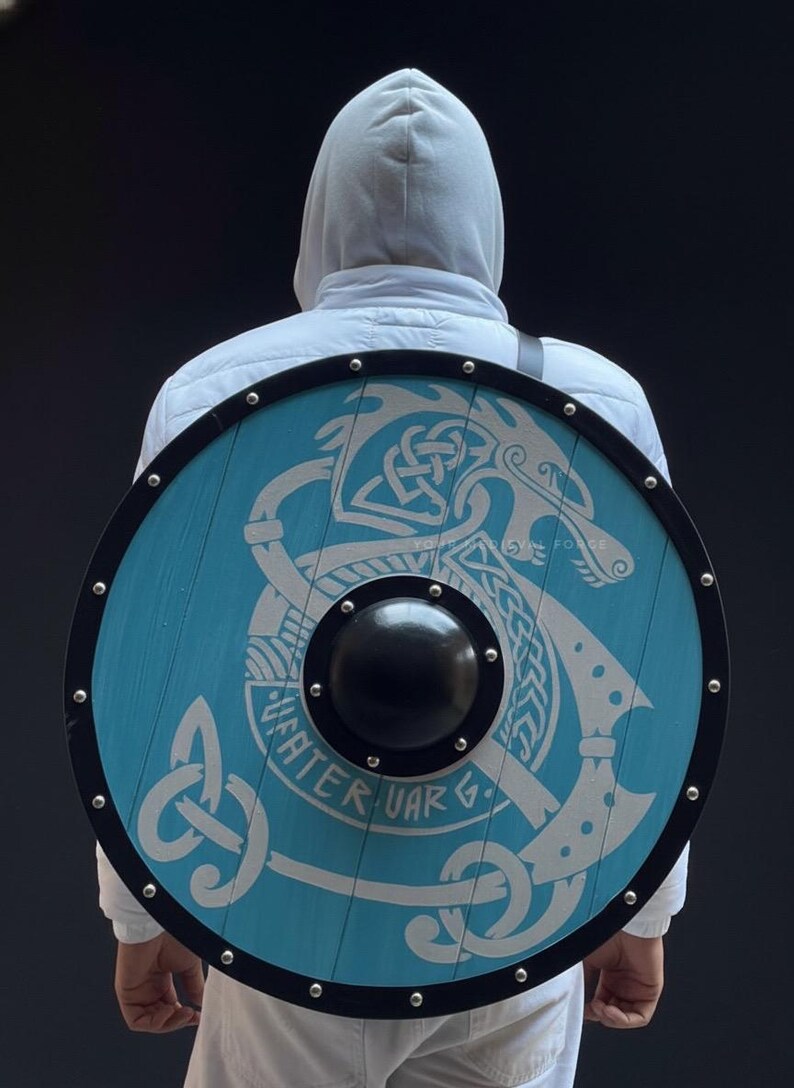Handmade Blue Norse Dragon Viking Shield front view for LARP and cosplay