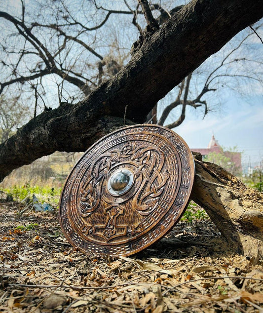 Handmade carving shield with Celtic Cross for Viking wall decor and gift