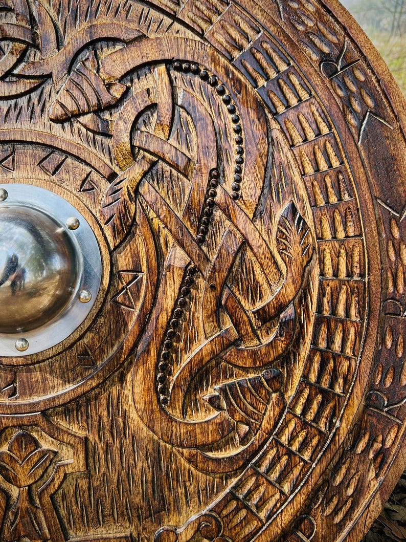 Handmade carving shield with Celtic Cross designed as Viking wall decor