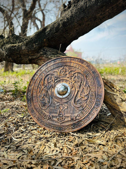 Handmade carving shield with Celtic Cross, ideal as Viking wall decor and gift