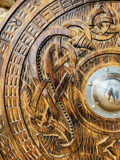 Handmade carving shield featuring a Celtic Cross for Viking-inspired wall decor