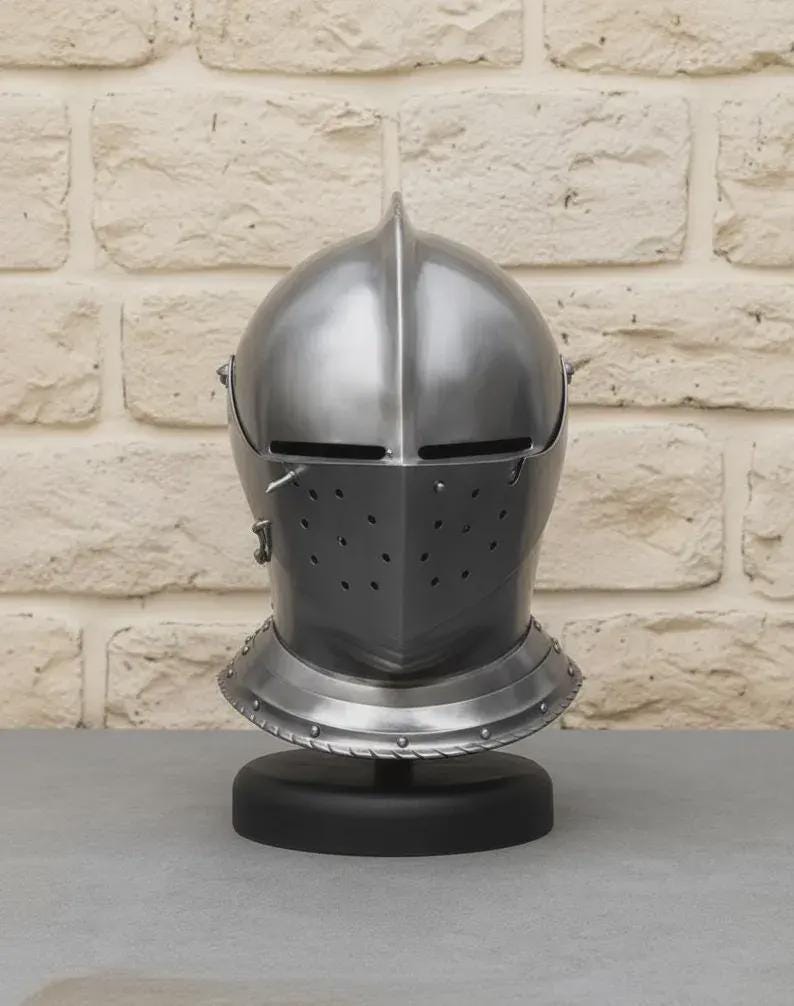 Handmade Gothic Knight Helmet side profile – authentic medieval armor crafted by skilled artisans