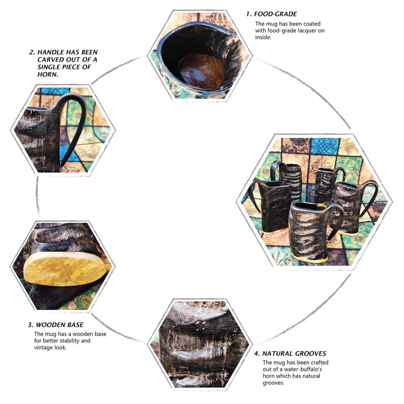 Handmade horn mugs coated with food-grade lacquer for safe drinking