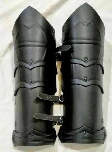 Handmade leather leg armor designed for cosplay, reenactment, and fantasy events