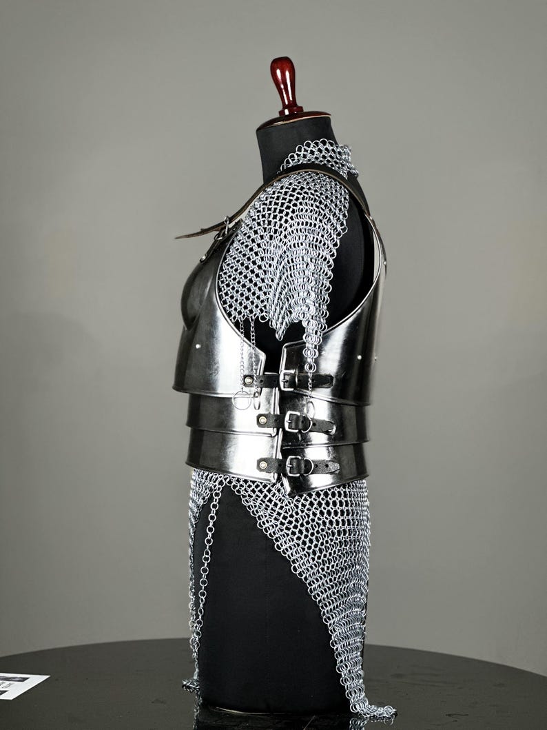 Close-up of handmade medieval armor steel chainmail detailing