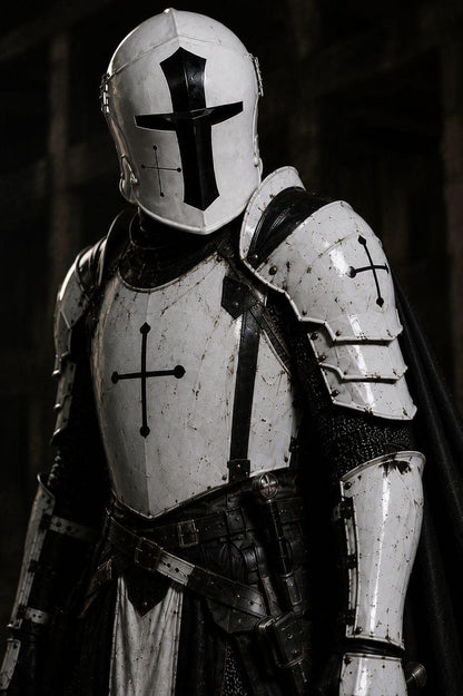 Handmade Medieval Barbuta Armor Set featuring full body knight armor with authentic Templar Crusader design and battle-worn finish