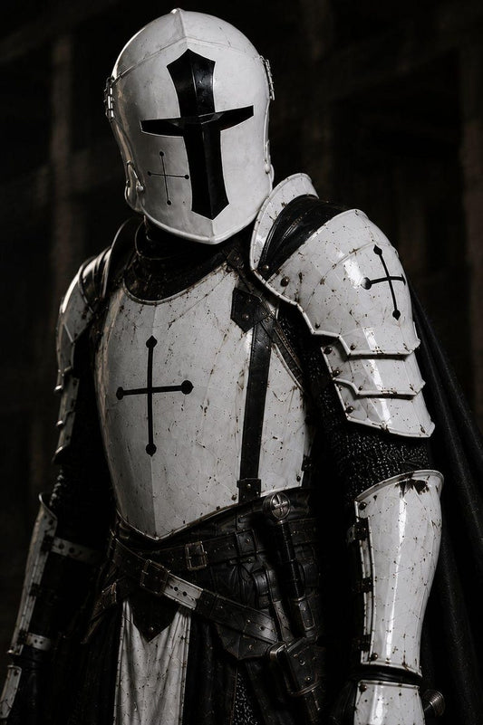 Handmade Medieval Barbuta Armor Set featuring full body knight armor with authentic Templar Crusader design and battle-worn finish