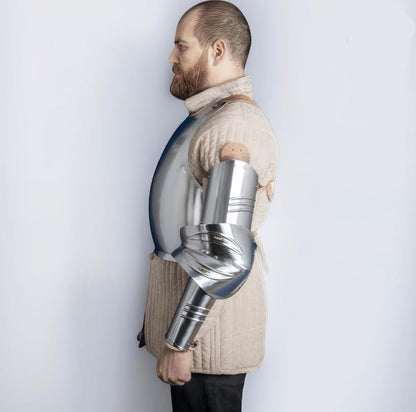 Handmade medieval cosplay armor for men with polished steel finish and authentic knight craftsmanship