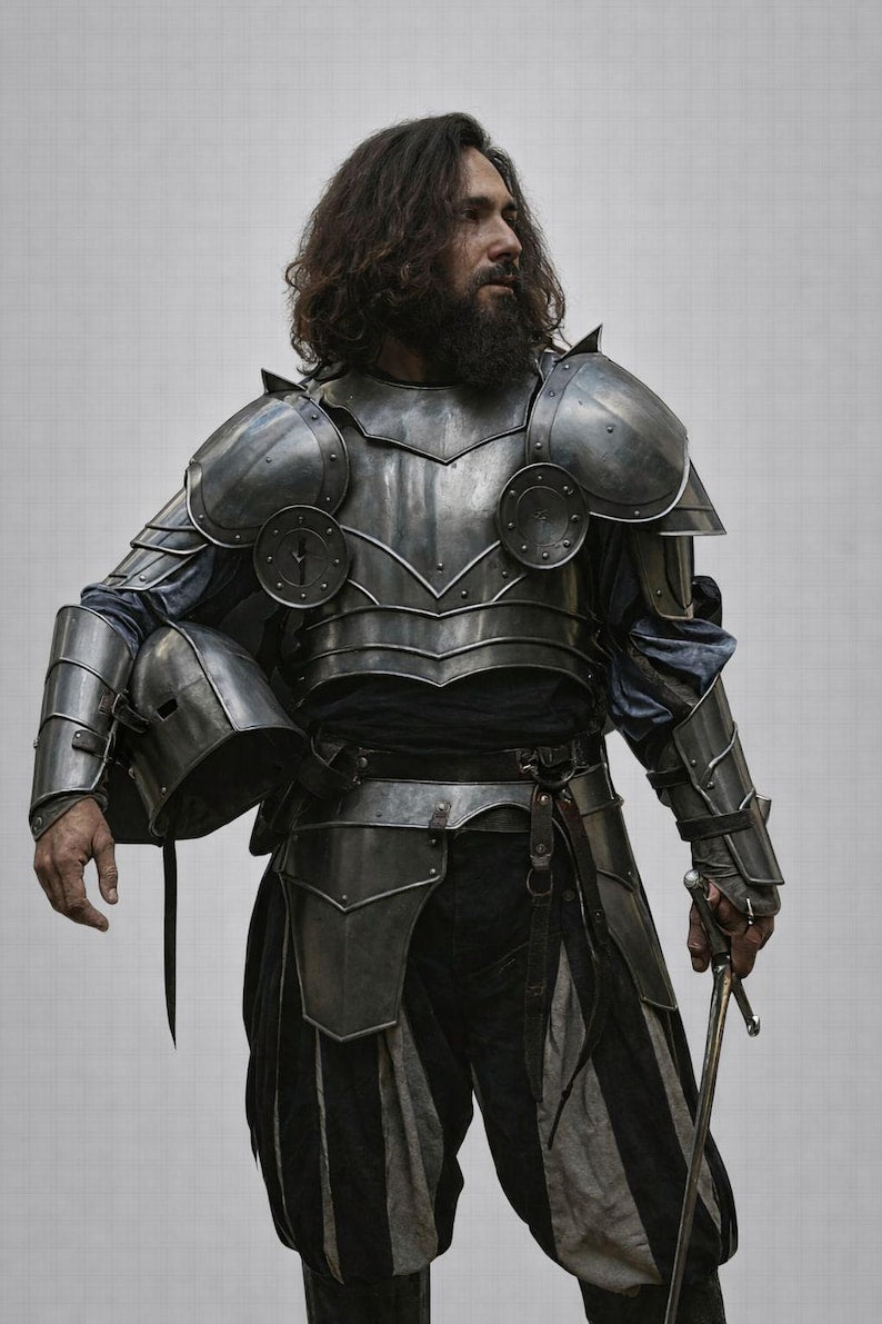 Handmade Medieval Full Body Armor front view showcasing detailed metal craftsmanship for cosplay and LARP enthusiasts