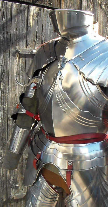 Handmade Medieval Gothic Half Armor Suit displayed on mannequin for LARP and cosplay

