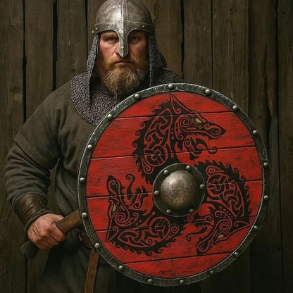 Handmade Norse Viking battle shield with triple black dragon artwork and traditional warrior design