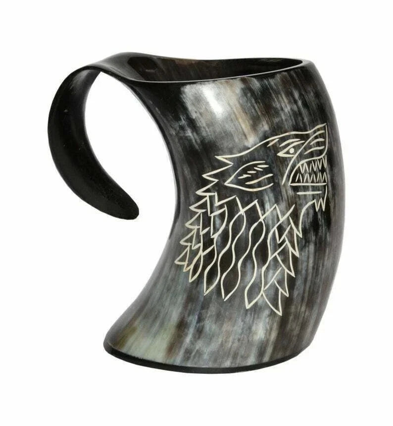 Handmade ox horn Viking tankards with wolf carvings – natural and vintage look