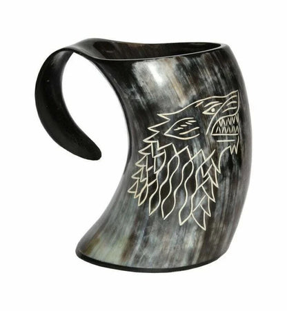 Handmade ox horn Viking tankards with wolf carvings – natural and vintage look