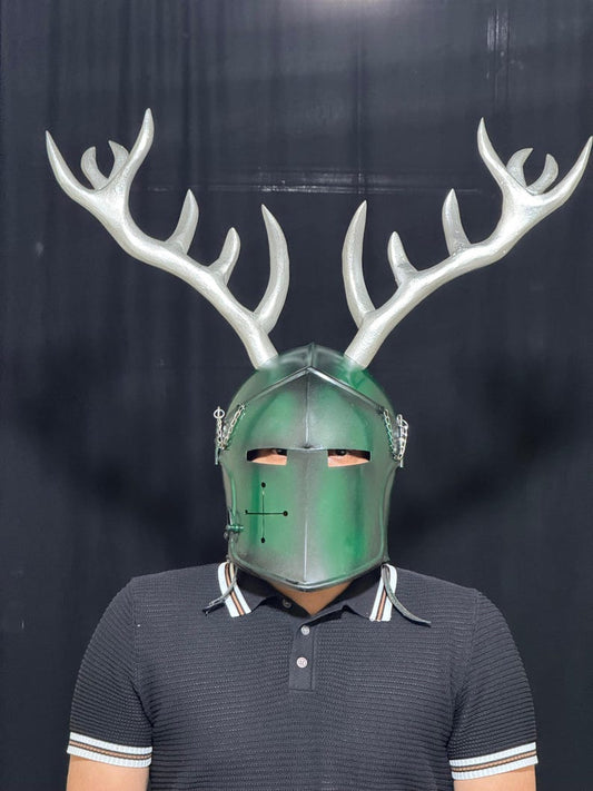 Handmade Steel Barbuta Helmet with Antlers featuring authentic medieval knight armor craftsmanship