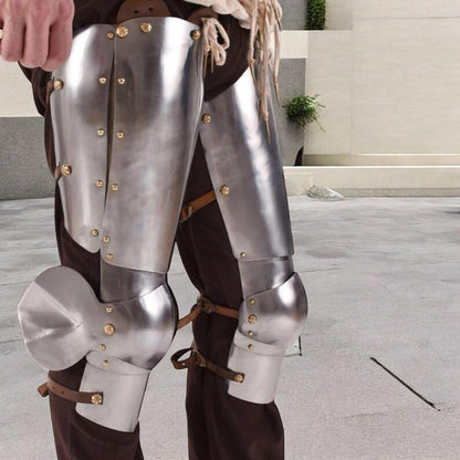 Handmade steel cuisses providing full leg protection for SCA reenactment and cosplay