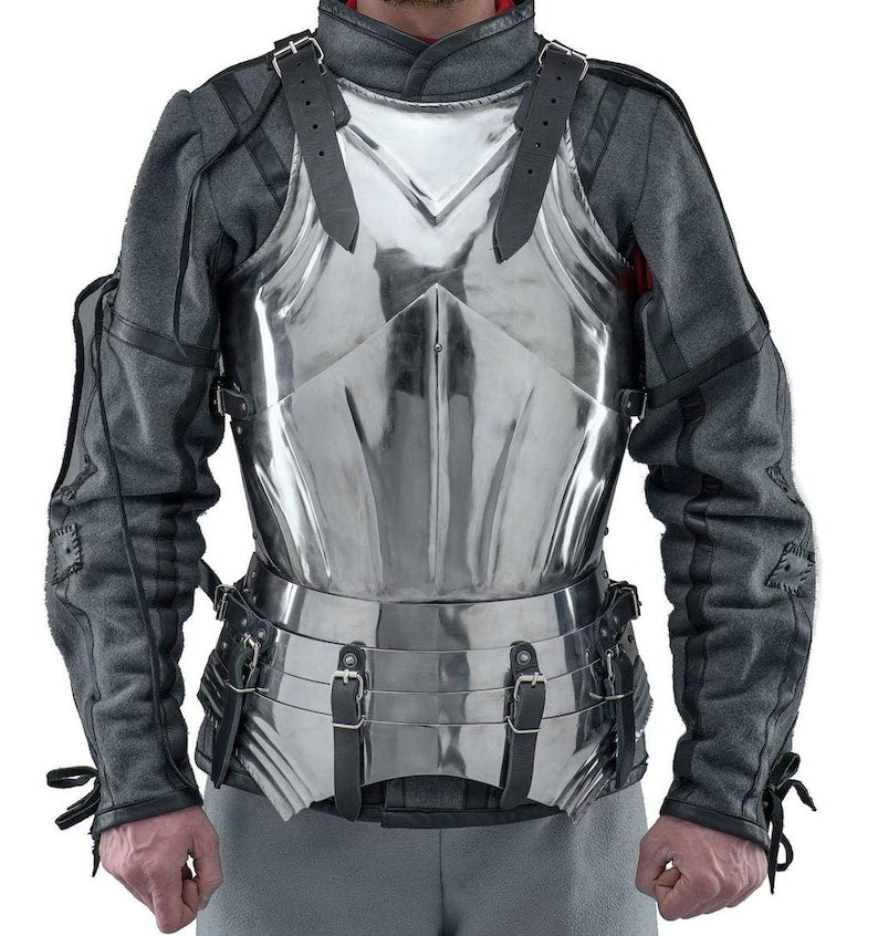 Handmade steel half armor chest plate for medieval LARP cosplay with authentic craftsmanship