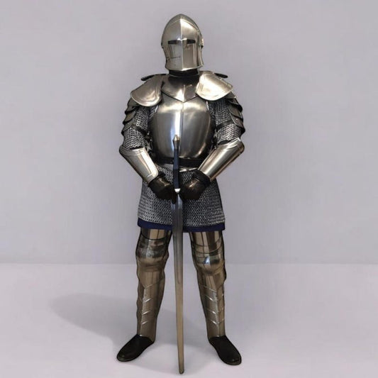 Handmade Steel Medieval Knight Armor Suit front view for LARP and cosplay